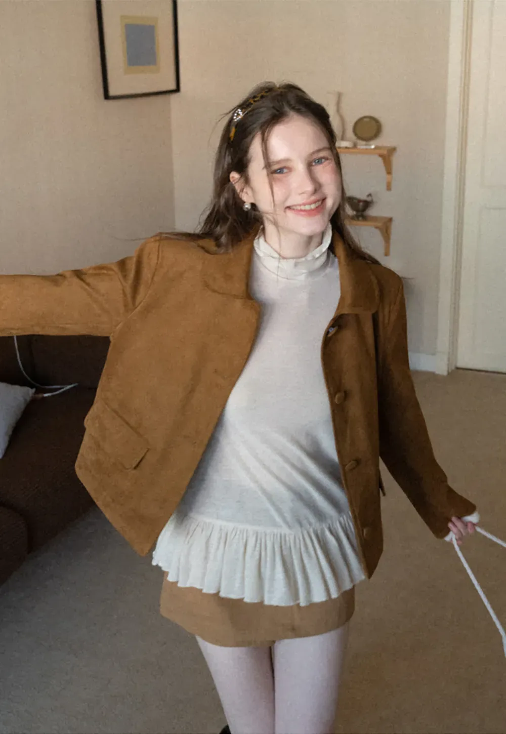 Soft Faux Suede Jacket with Button Closure and Collar Design