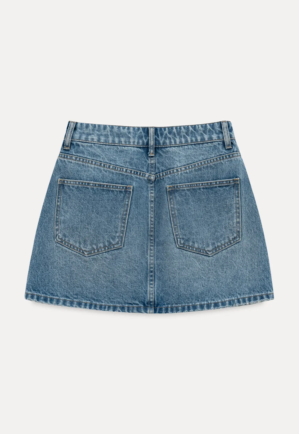 Denim mini skirt with frayed hem and front pockets