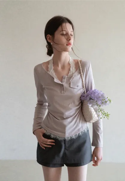 Long sleeve Henley top with lace trim