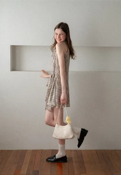 Plaid Halter Neck Wrap Dress with Side Tie