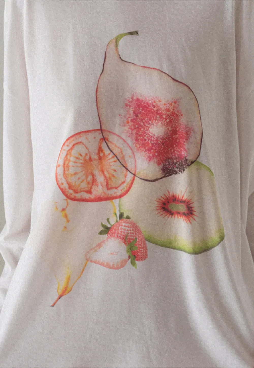 Oversized T shirt with fruit print and sheer neck detail