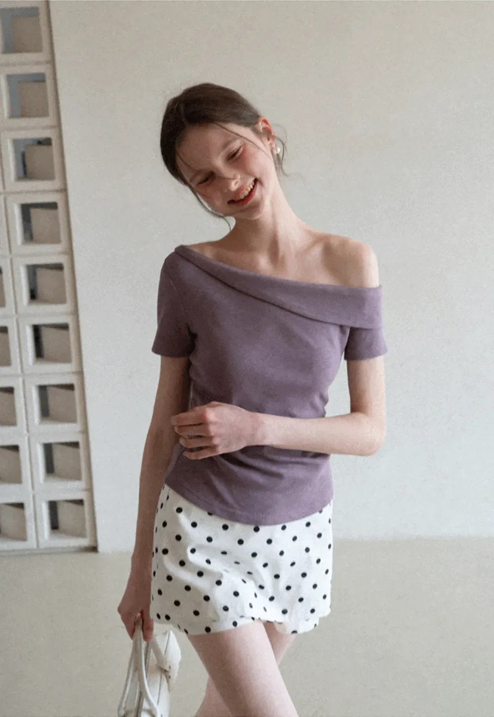 Polka dot off shoulder short sleeve tops