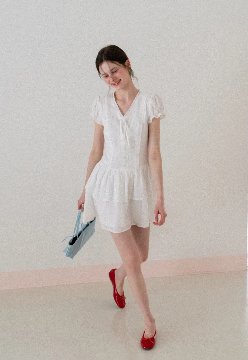 Eyelet Lace Dress with Puffed Sleeves and Tiered Skirt