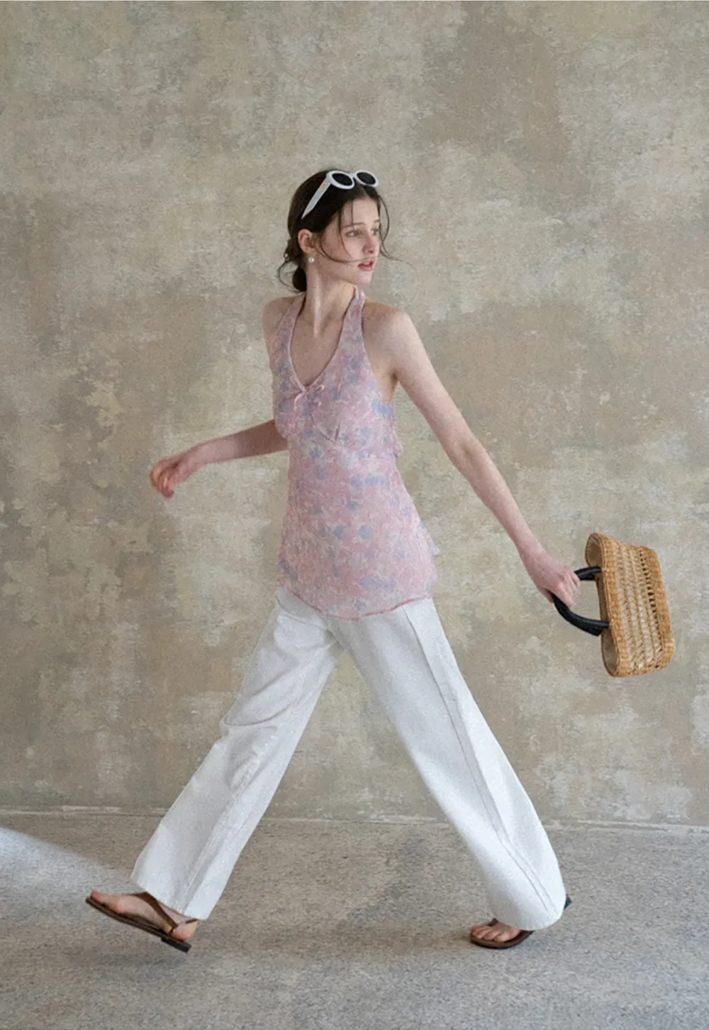 Woolen knit sweater with tie front and floral tank top