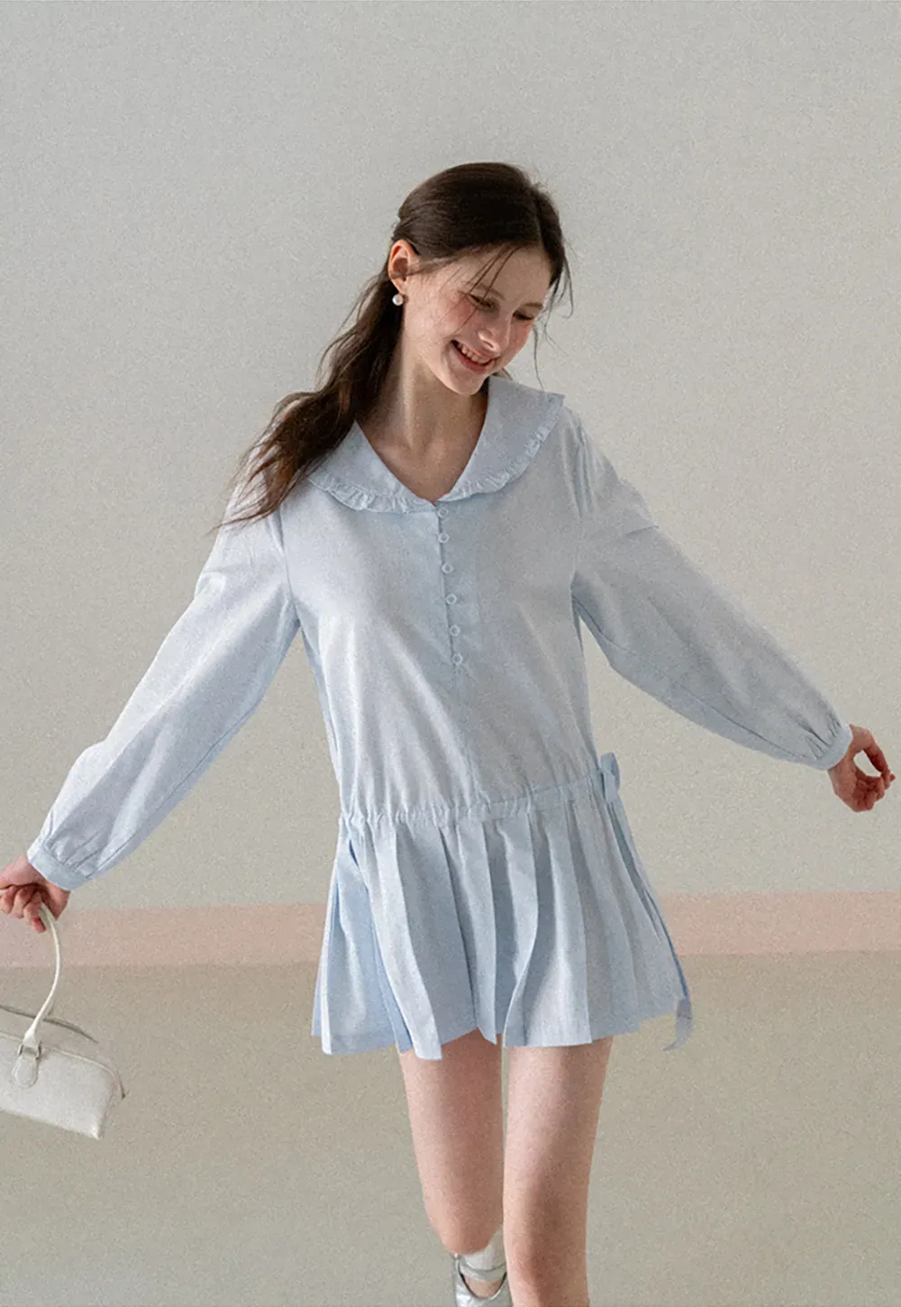 Pleated Hem Long Sleeve Blouse with Ruffled Collar