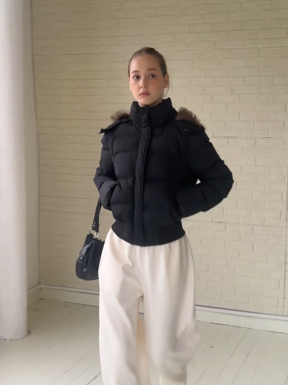 Stylish Black Winter Coat Jacket with Fur Hood