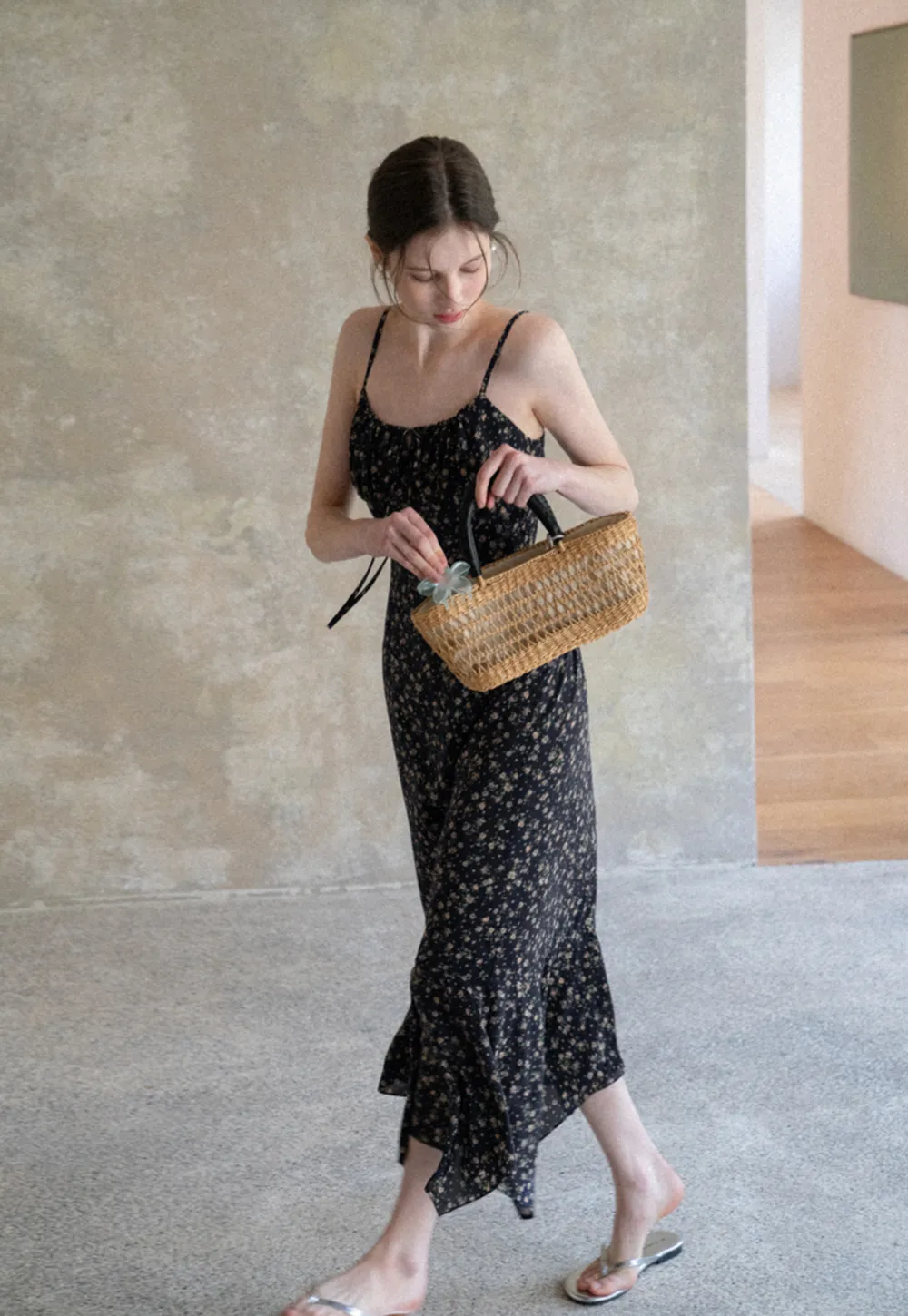 Floral Print Slip Dress with Thin Straps and Asymmetrical Hem