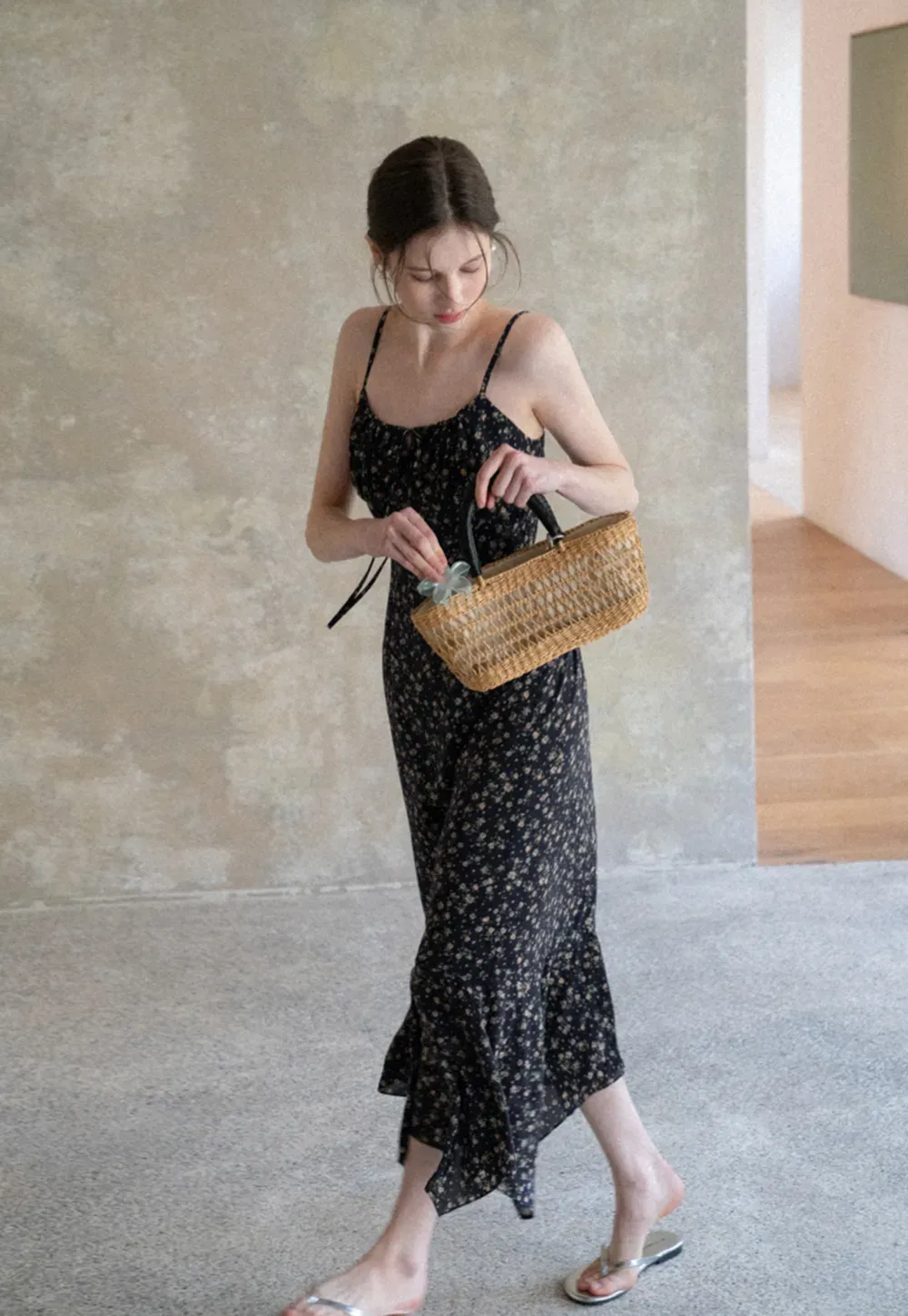 Floral Print Slip Dress with Thin Straps and Asymmetrical Hem