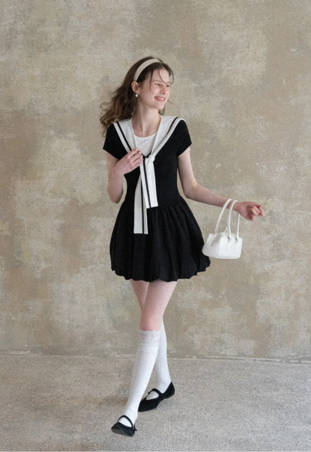 Sailor Collar Short Sleeve Flared Dress