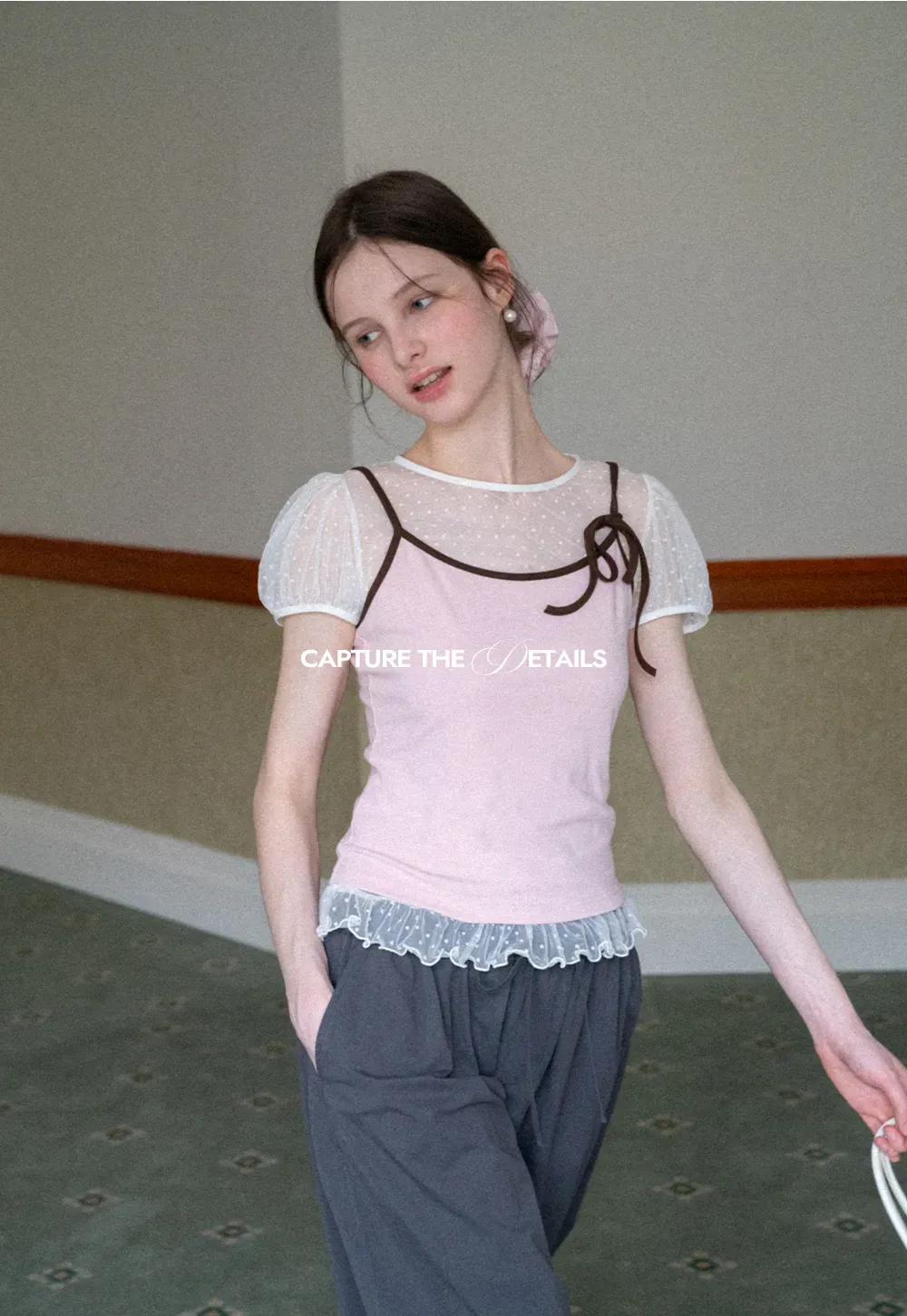 Sheer Mesh Trimmed Tank Top with Bow Detail