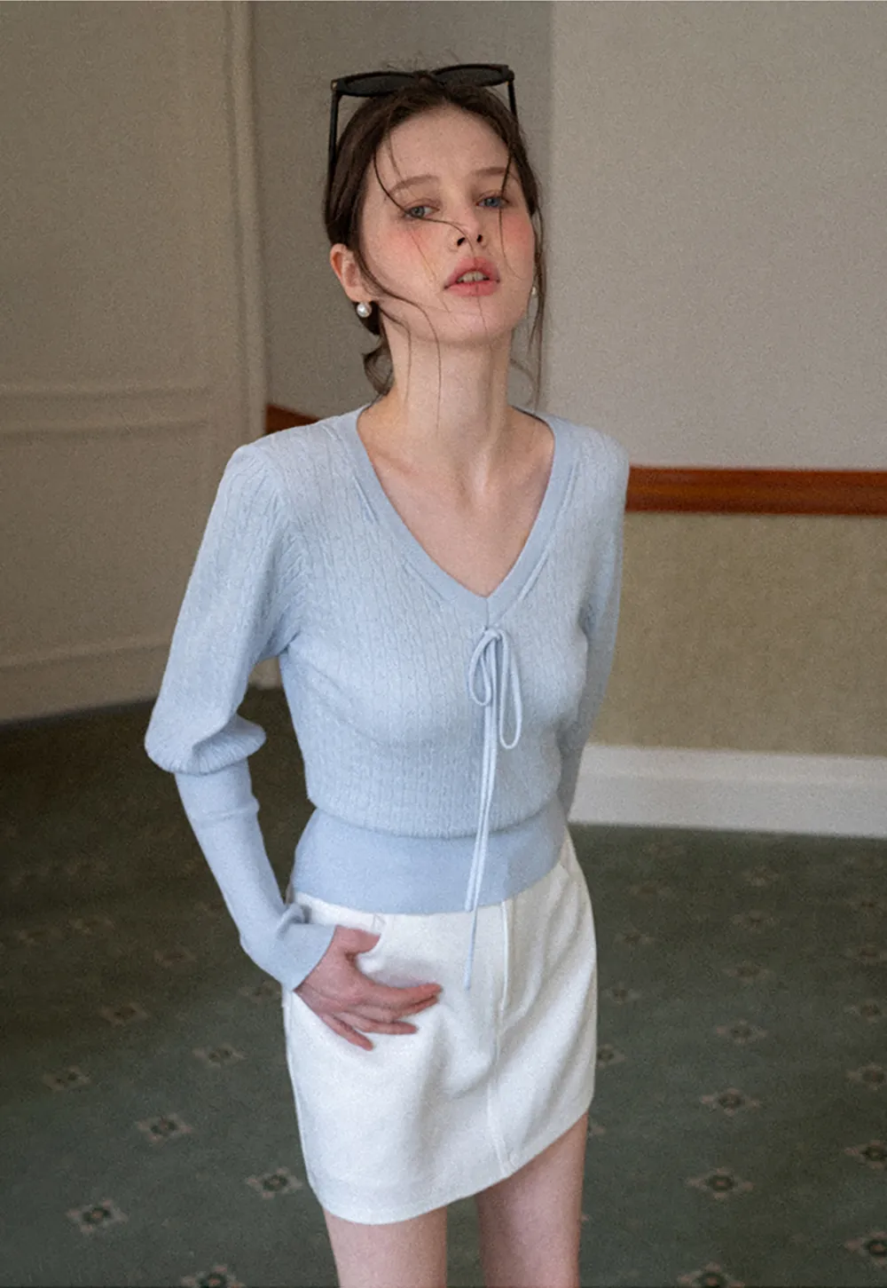 V Neck Knit Sweater with Front Tie Detail