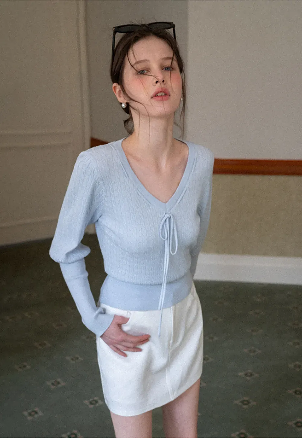 V Neck Knit Sweater with Front Tie Detail