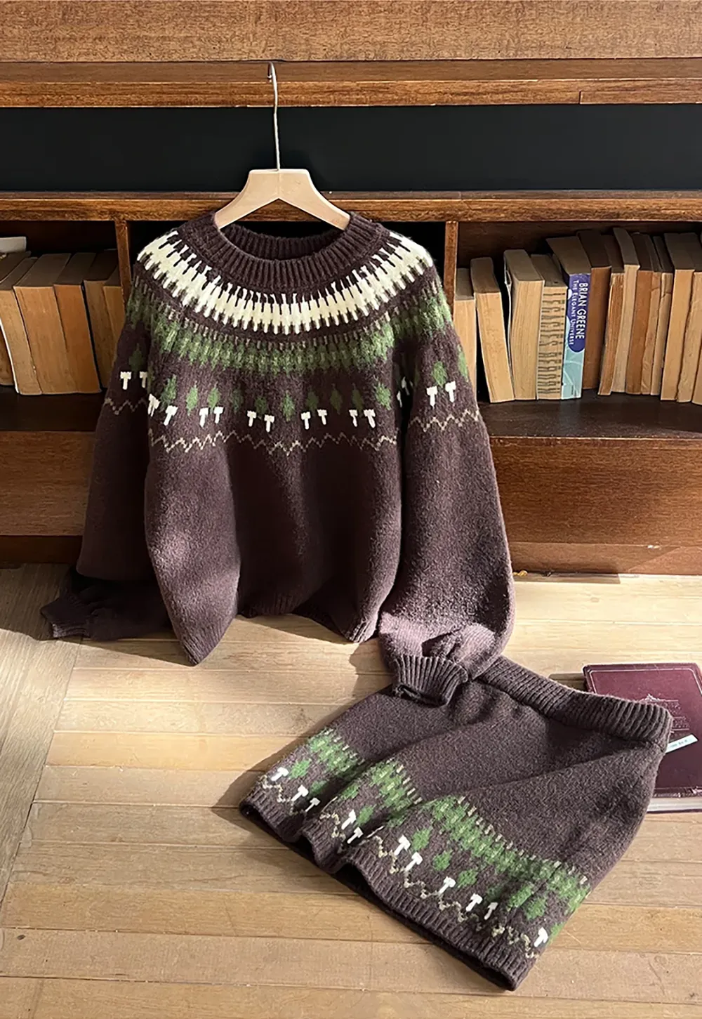 Woolen Knit Sweater and Skirt Set with Pattern Design