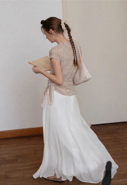 Flowy Maxi Skirt with Lace Trim and Drawstring Waist