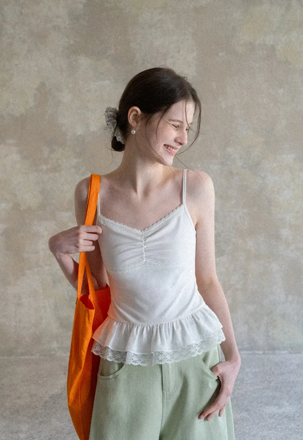 Lace Trimmed Peplum Tank Top with Thin Straps