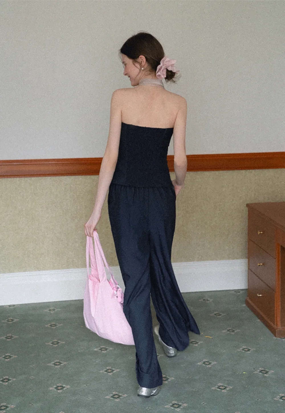 Strapless top with sheer neck tie and loose fit pants