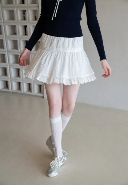 Eyelet Trimmed Tiered Skirt with Ruffled Hem