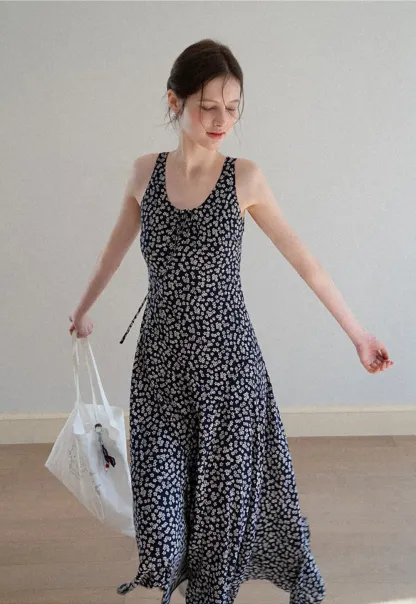 Floral Print Sleeveless Midi Dress with V Neck