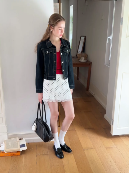 Cropped Denim Jacket with Lace Trim Hem