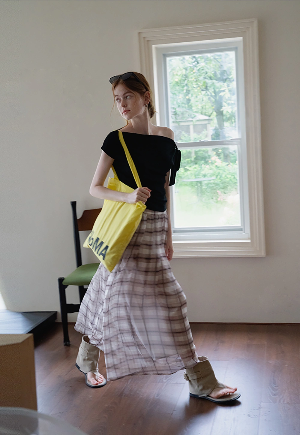 Women’s High Waist Plaid Chiffon Midi Skirt