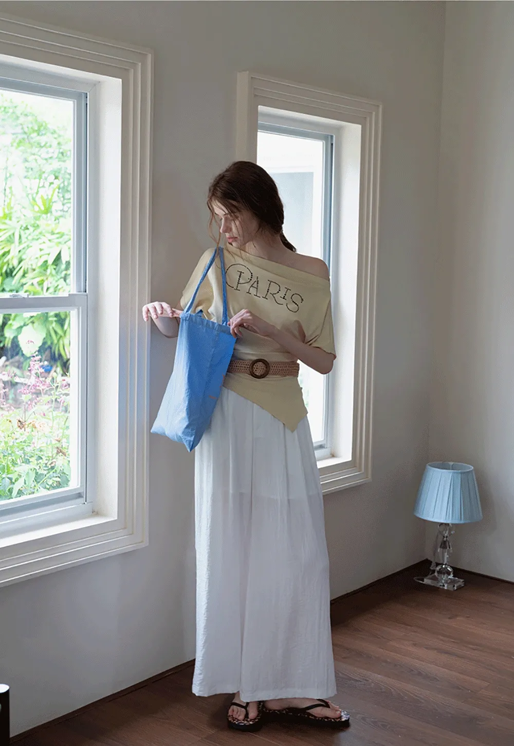 Asymmetric Off-Shoulder T-Shirt with Paris Rhinestone Lettering
