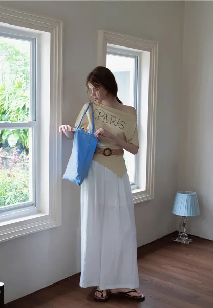Asymmetric Off-Shoulder T-Shirt with Paris Rhinestone Lettering