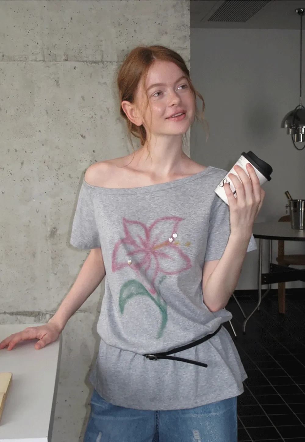 Off Shoulder Tee with Belt and Sequins