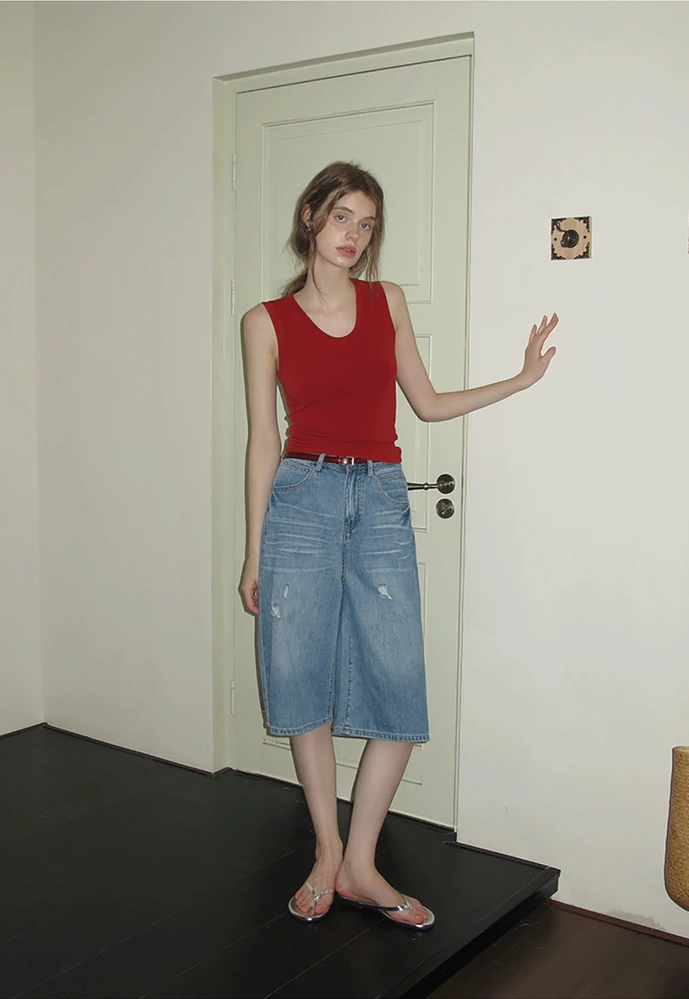 Women’s Distressed Wide-Leg Denim Bermuda Shorts