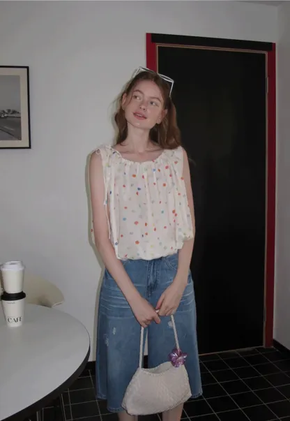 Polka Dot Sleeveless Tie Strap Top