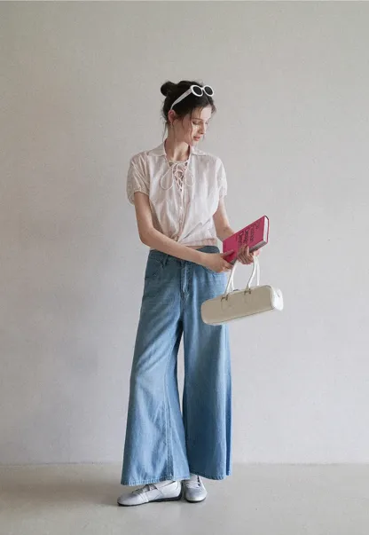 Striped Short Sleeve Blouse with Lace-Up Neck