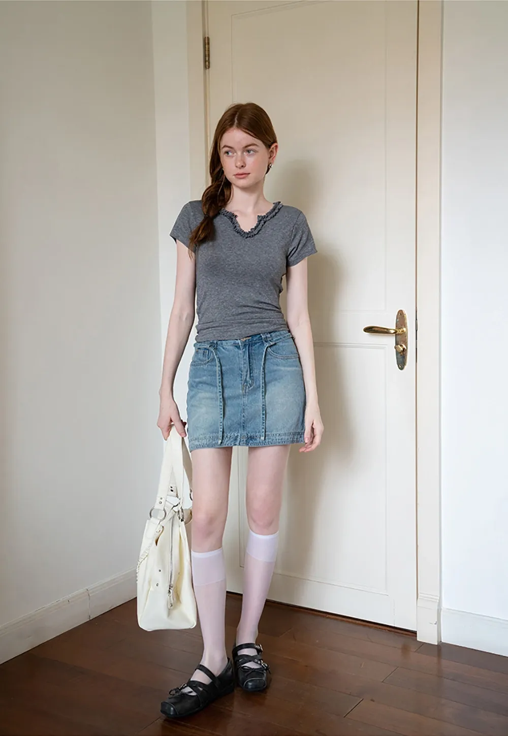 V-Ruffle Trim Fitted Top