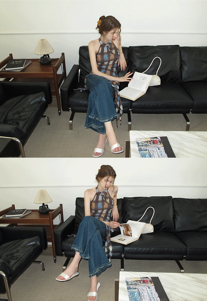 Women’s Plaid Frog-Button Handkerchief-Hem Halter Top