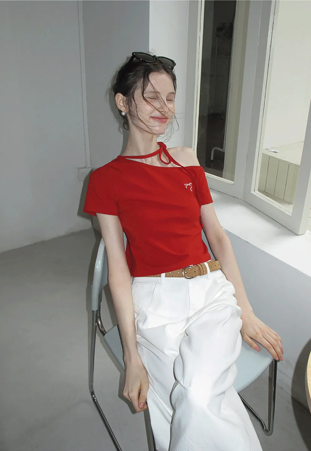 Asymmetric Tie Neck T-Shirt