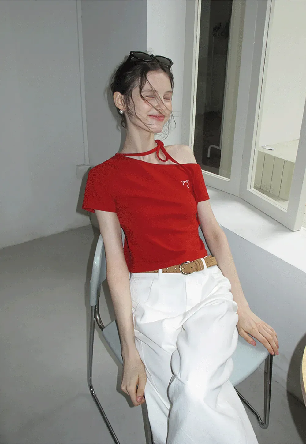 Asymmetric Tie Neck T-Shirt