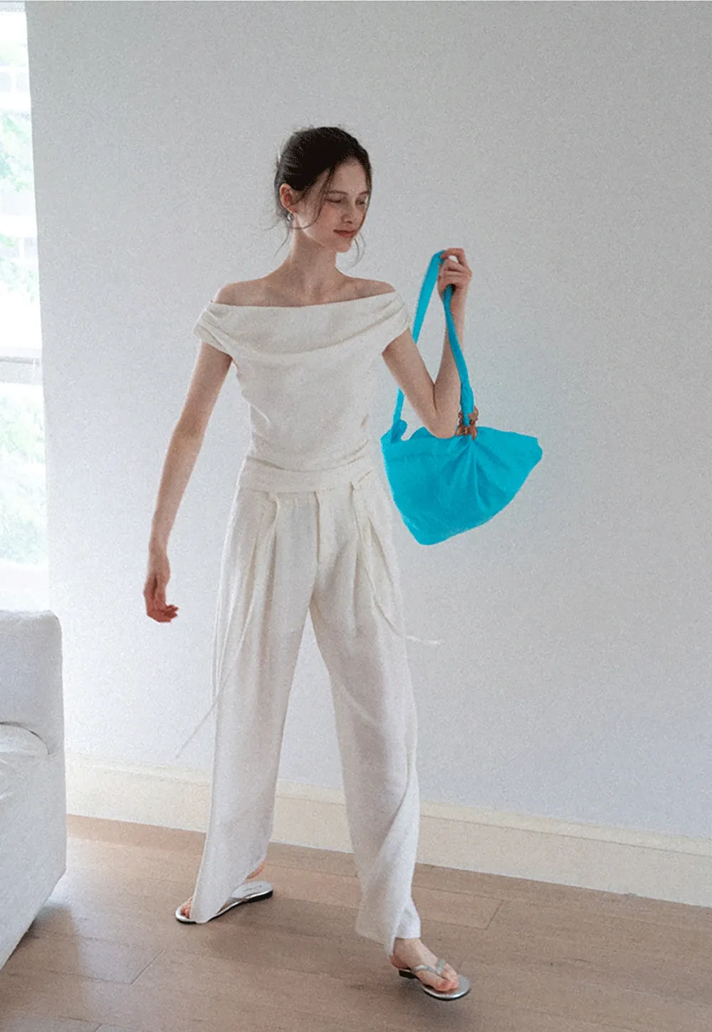 Off-Shoulder Fold-over Top + Pleated Tie-Waist Trousers