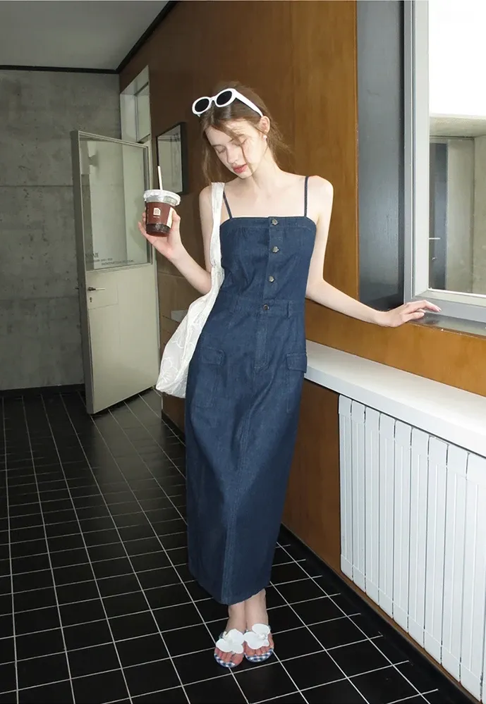 Button-Front Cargo Pocket Denim Dress