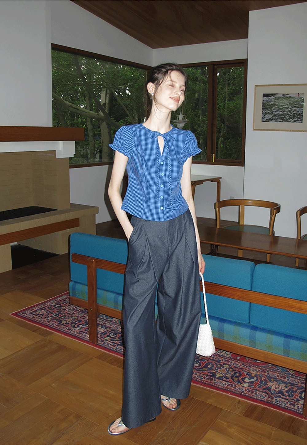 Gingham Puff Sleeve Blouse with Tie Neck