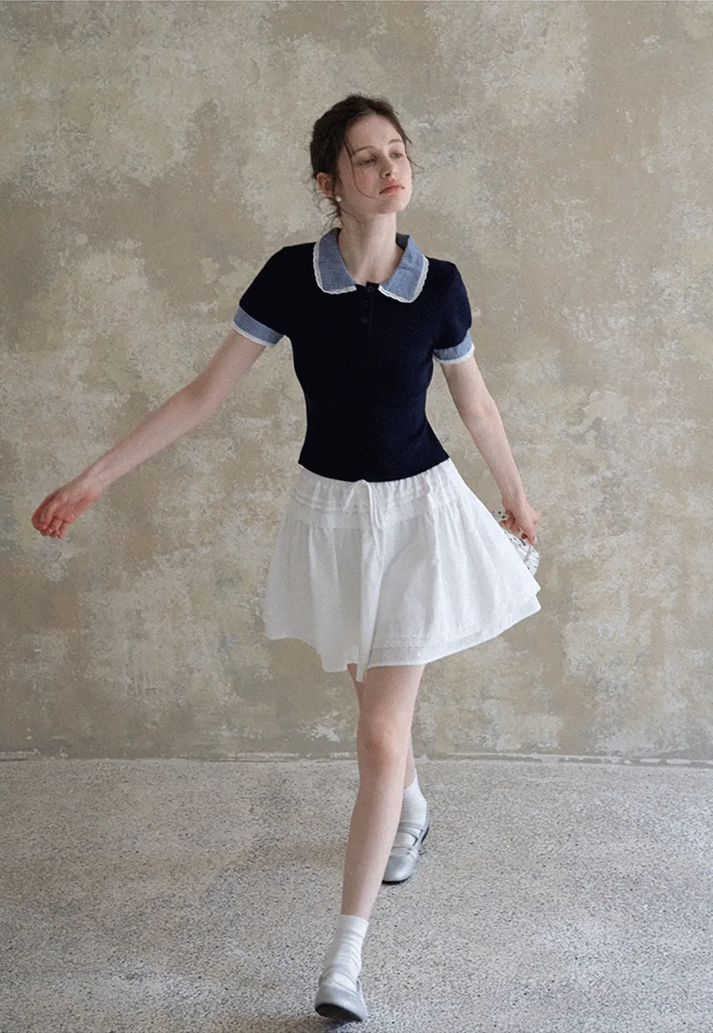 Women Drawstring Waist Layered Lace Trim Mini Skirt