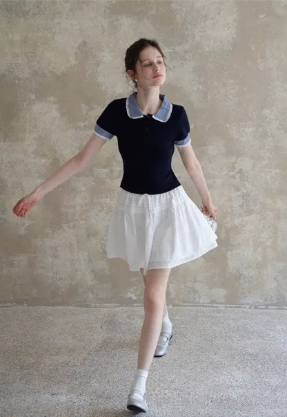 Women Drawstring Waist Layered Lace Trim Mini Skirt