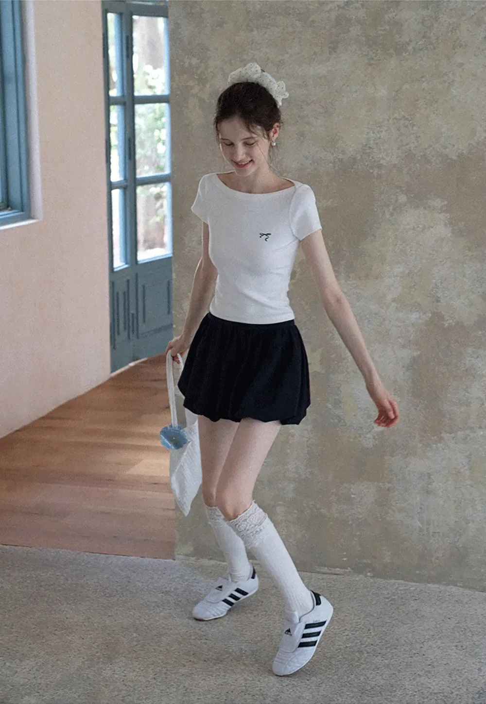 Women's Boat Neck Ribbed Tee with Embroidered Bow