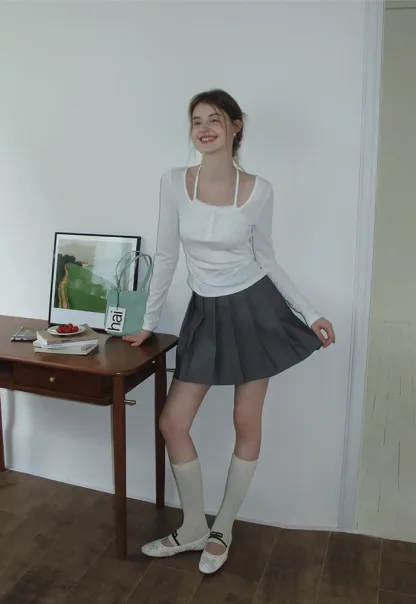 Long Sleeve Square Neck Halter Crop Top