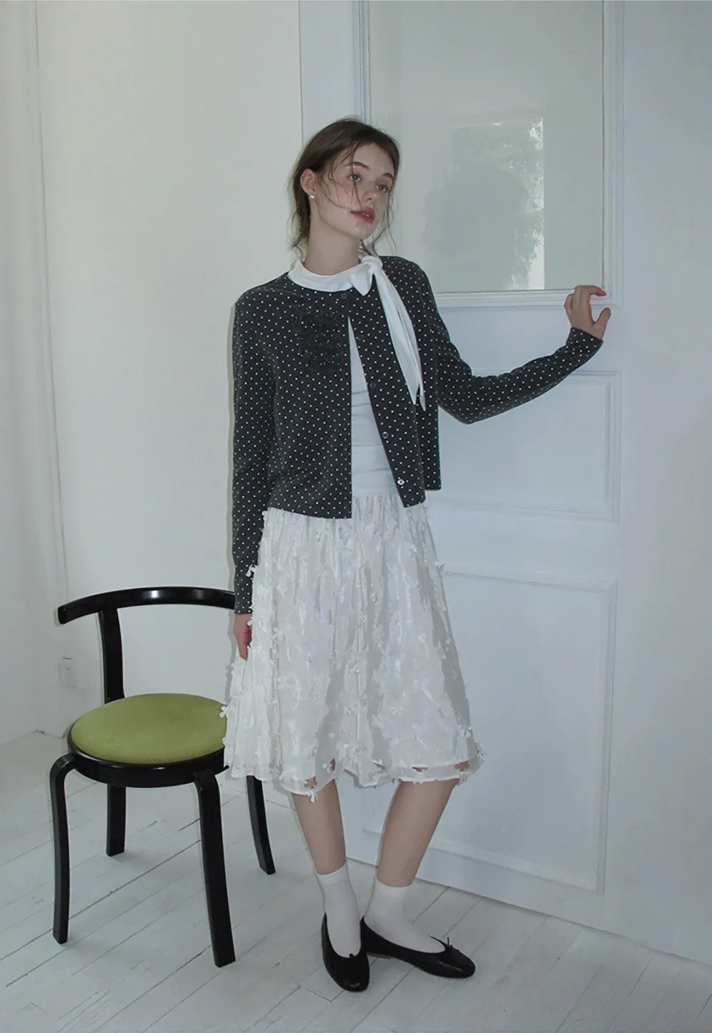 Polka Dot Ruffle Button-Up Cardigan