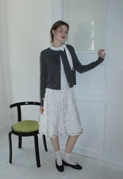 Polka Dot Ruffle Button-Up Cardigan