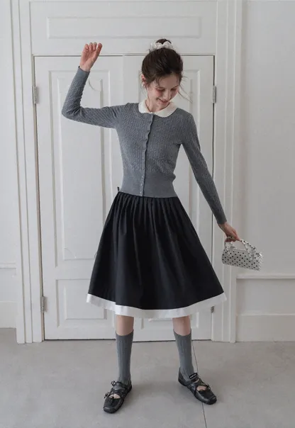 Women's Contrast-Collar Cable-Knit Cardigan