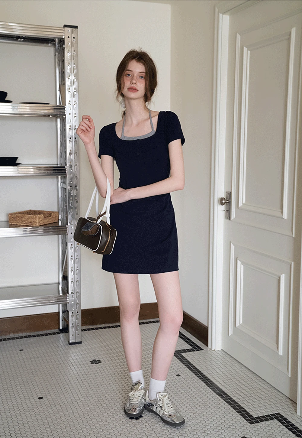 Women's Square Neck Halter Mini Dress with Ruched Waist