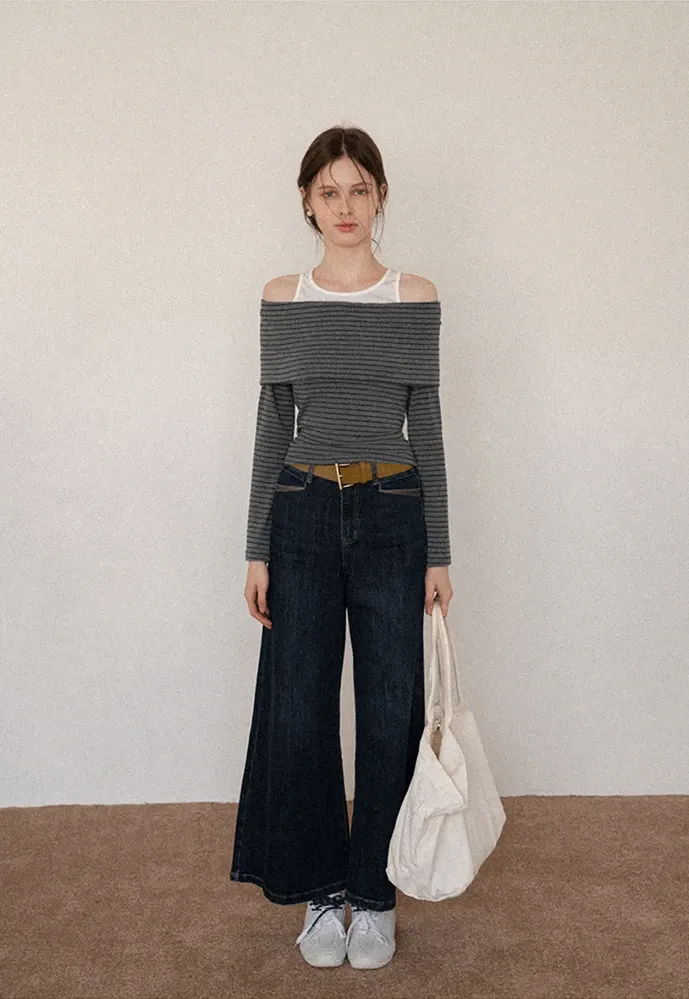 Spliced Faux Two-Piece Off-Shoulder Top