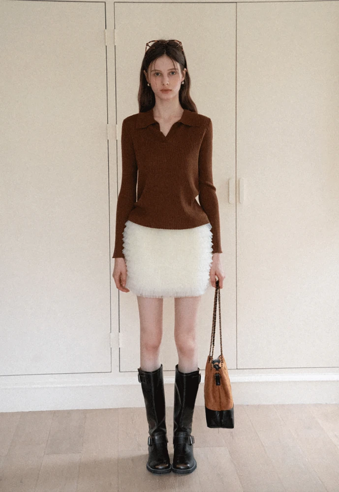 Ribbed Open-Collar Knit Top