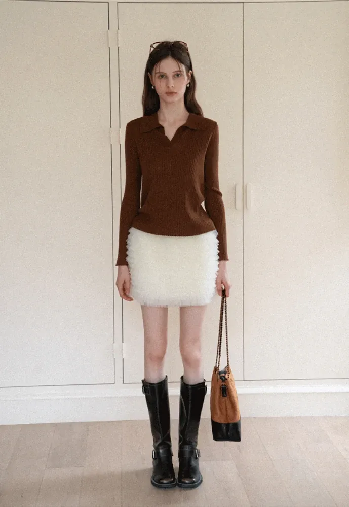 Ribbed Open-Collar Knit Top