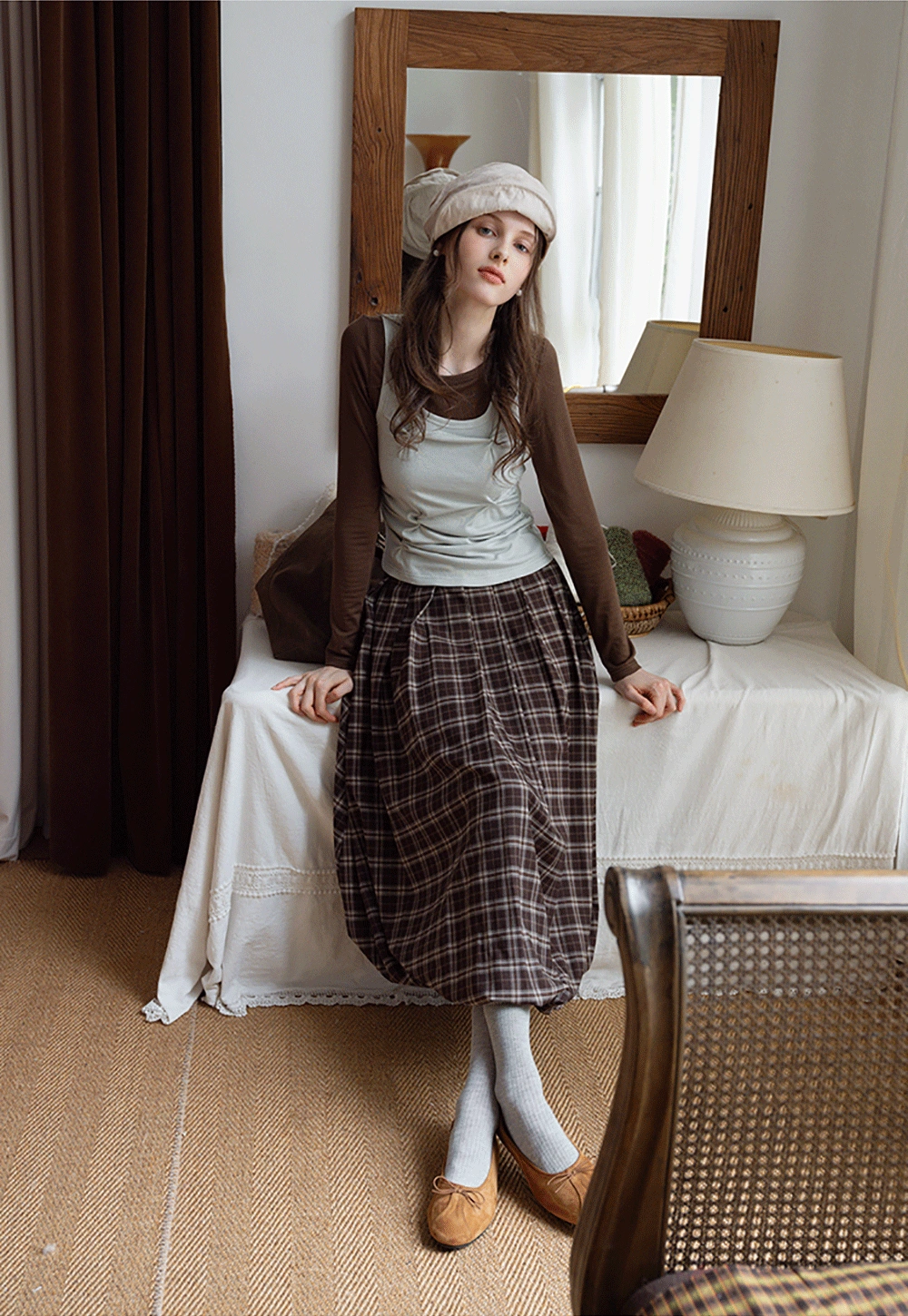 Women's Cami-Overlay Ruched Long Sleeve Top