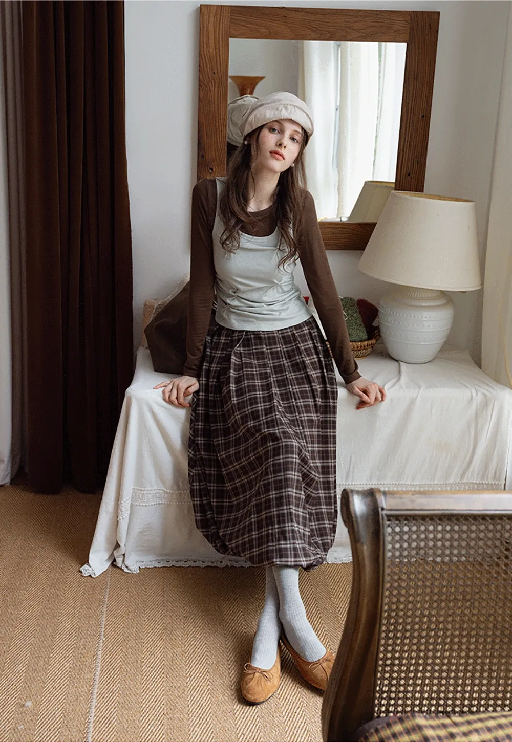 Women's Cami-Overlay Ruched Long Sleeve Top